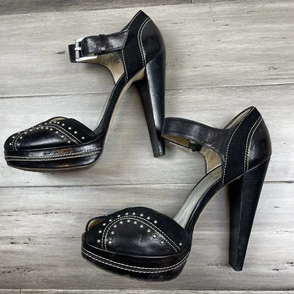 Michael Kors Astor Quarter Strap Heels Women's Black Silver Studs 9 - Picture 3 of 8